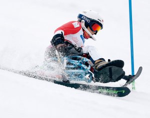 写真：チェアスキーをする村岡桃佳選手