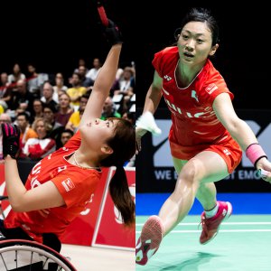 写真：バドミントン（WH1/車いす）里見紗李奈選手と（SU5/上肢障害）鈴木亜弥子選手