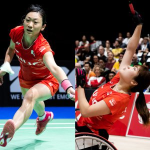 写真：バドミントン（WH1/車いす）里見紗李奈選手と（SU5/上肢障害）鈴木亜弥子選手