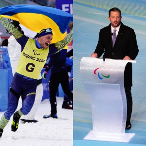 写真：最終日(3/13)のクロスカントリースキーオープンリレーで優勝し、 歓喜のウクライナチーム。ウクライナの旗を掲げて走る様子と